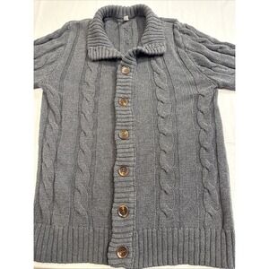 Sweater CARDIGAN WOMEN MEDIUM CHARCOAL 3D Cable Knit Fisherman BUTTON UP